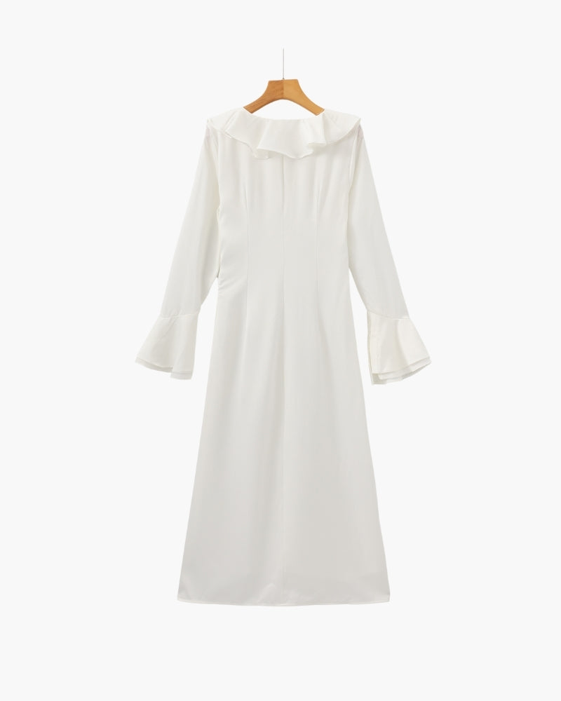 Pearl Button Ruffle Midi Dress